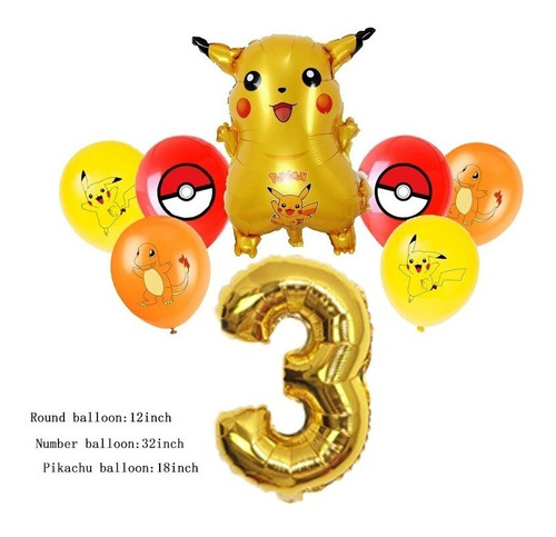 Pack 8 Globos Metalizados Y Latex Pokemon Pikachu  + Número