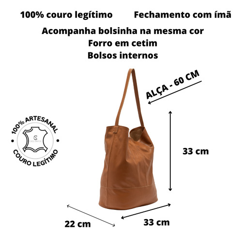 Bolsa Feminina Estilo Saco Grande Couro Legítimo Alça de Ombro Com Necessaire Blogueira Acabamento Das Ferragens Ouro Cor Caramelo Desenho Do Tecido Lisa Forrada Com Bolsos Internos Pezinhos na Base