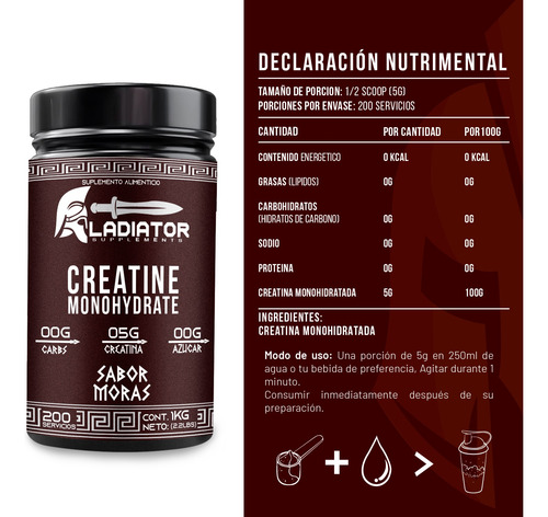 Creatina Gladiator 1 K + Gluteo Peptonas De Regalo Moras - Sin Sabor