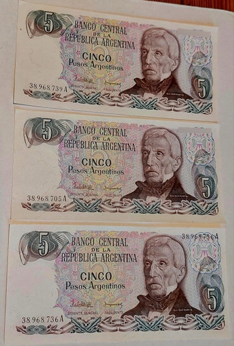 5 Pesos Argentinos Serie A Sin Circular Lote 3 Billetes