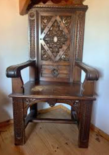 Sillón Trono Antiguo De Madera Maciza. Artesanal (Usado)