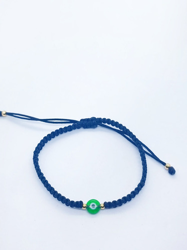 Pulsera Tejida En Color Negro Con Ojo Plano Verde