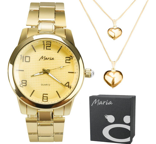 Relogio Feminino Dourado Aço + Colar Duplo Coração + Caixa