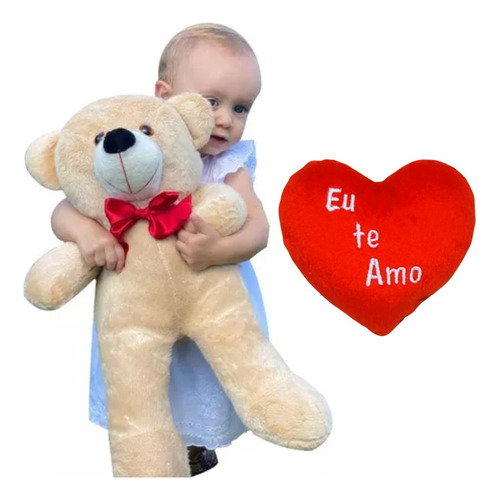 Urso De Pelúcia Com Laço E Coração Eu Te Amo 50cm