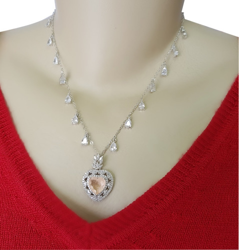 Imagem 2 de 6 de Colar Feminino Zirconia Coração Rosa Banhado A Ouro