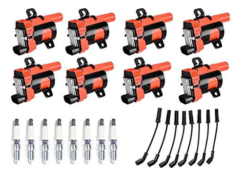Set Of 8 Red Round Ignition Coil Pack With 8 Platinum S...