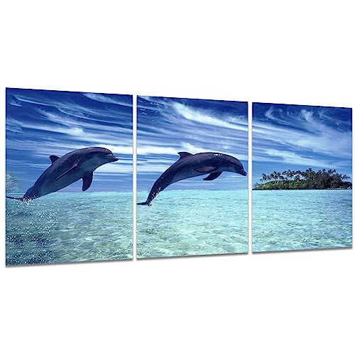 Lienzo De Delfines Azules Arte De Pared 3 Piezas Pintur...