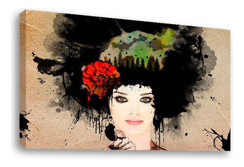 Cuadro Decorativo Canvas Mujer Afro Spray Ilustración Color Natural Armazón Natural