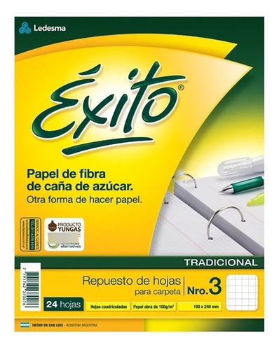 Repuesto De Hojas Cuadriculadas P/ Carpeta N°3 Exito X 24 Hj