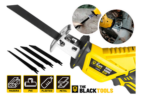 Serra Sabre A Bateria 21v Profissional Portátil 3000 Rpm Com 4 Laminas Madeira/metal/pvc Tcr21bsb The Black Tools