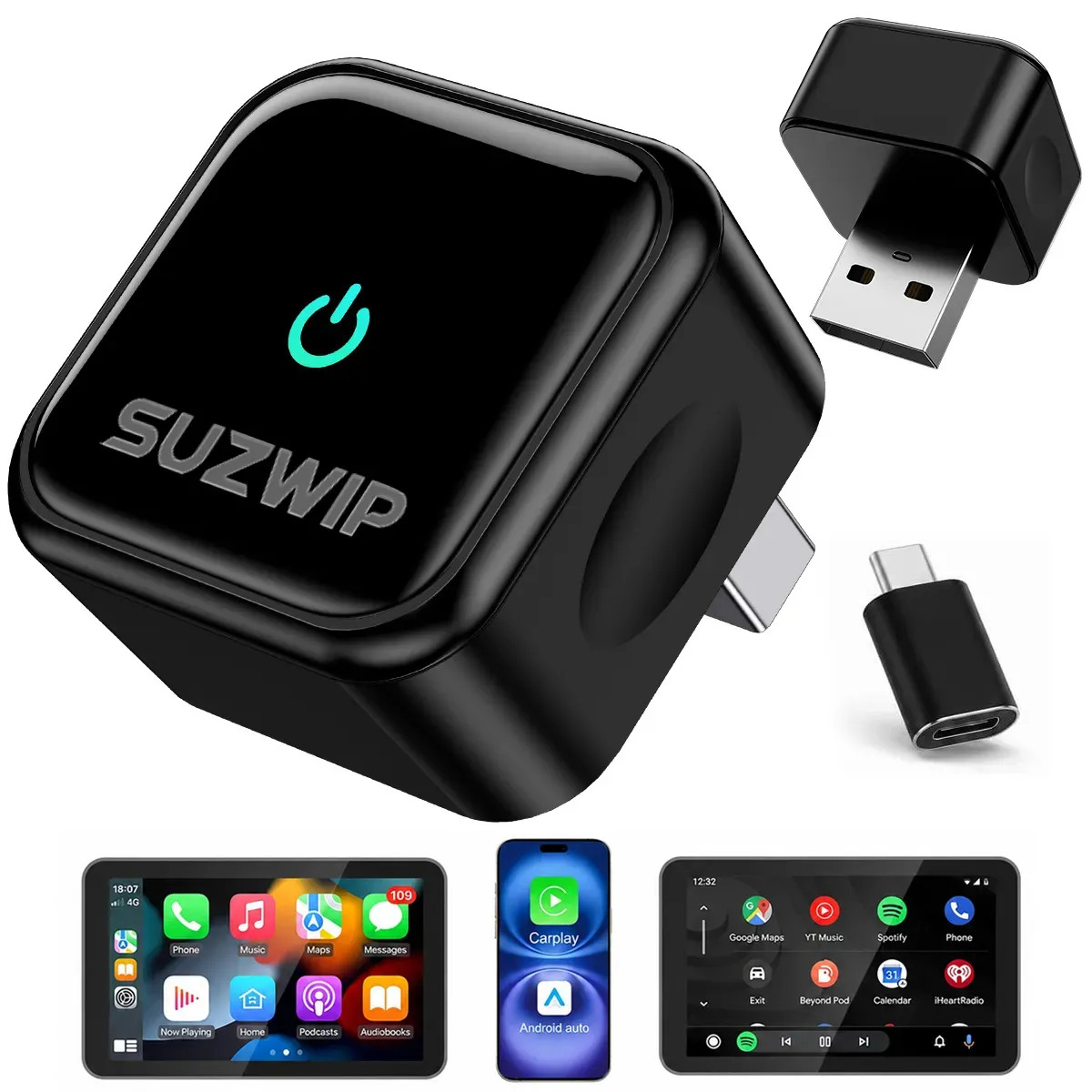 Adaptador Car Play Y Android Auto inalámbrico 2en 1 SUZWIP Converter Plug & Play Conexión Automática Con Bluetooth 5.3 Rápido Y Estable Diseño Compacto Y Elegante Compatible Con US