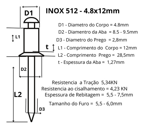 Rebite Pop De Repuxo Aço Inox 304 - 512 (4.8x12) Com 100pça