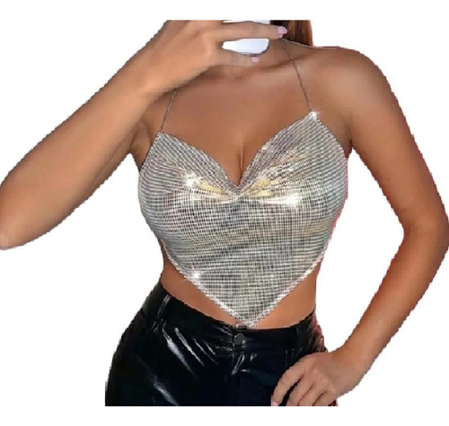 Top Fruncido Con Brillo Y Cadenita Crop Top