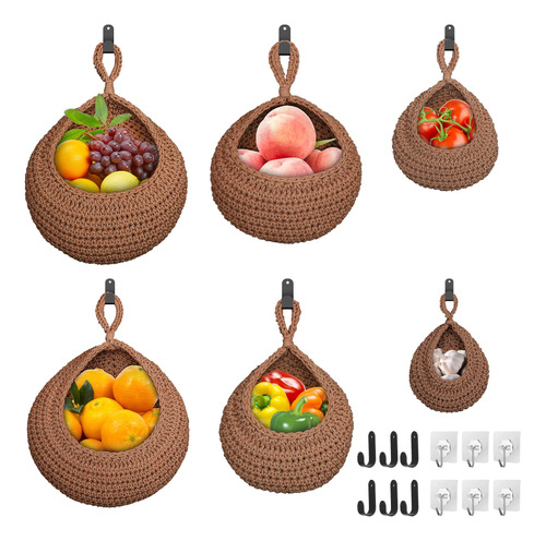 6 Cesta Fruta Colgante Pared Para Cocina Bohemia 12 Gancho