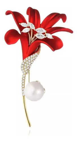 Broche Belle Époque Dentelle Florale - Lys, CZ Rouge & Perle - Rhodié - Neuf Sans Emballage