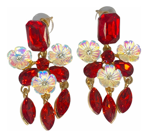 Aros Cristales Rojos Bañado En Oro Flor Lágrimas