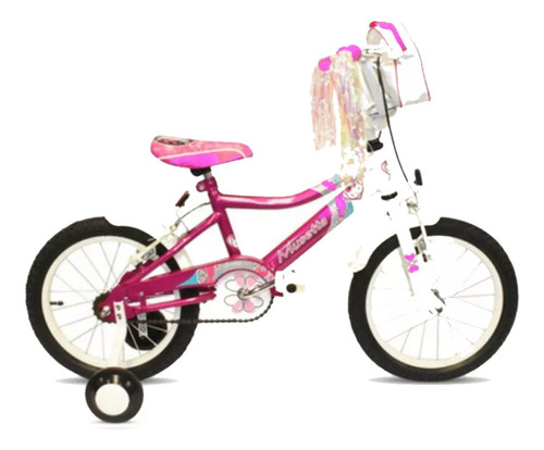 Bicicleta Infantil Nena Musetta Fantasy Rodado 16 Cuadro Acero Liviano Bicolor Con Rueditas Y Bolso Con Cierre Flecos Llanta Pintada Con Cubrecadena Color Fucsia 
