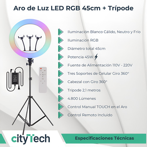 Aro De Luz 45cm Rgb Profesional 3 Soportes Celular + Trípode Negro