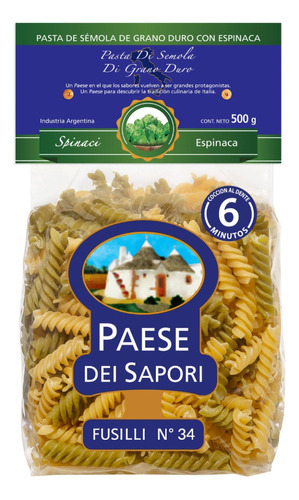 Fideos Fusilli Espinaca Mix Nº 34 Paese Dei Sapori 500 Gr.