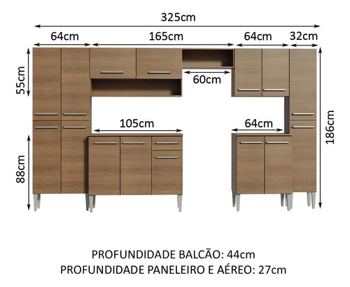 Cozinha Completa Madesa Emilly 325 com Armário E Balcão Acabamento do móvei Pintura Poliéster de Alta Resistência Cor Marrom