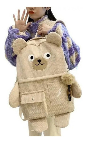 Mochila Escolar De Veludo Cotelê Urso