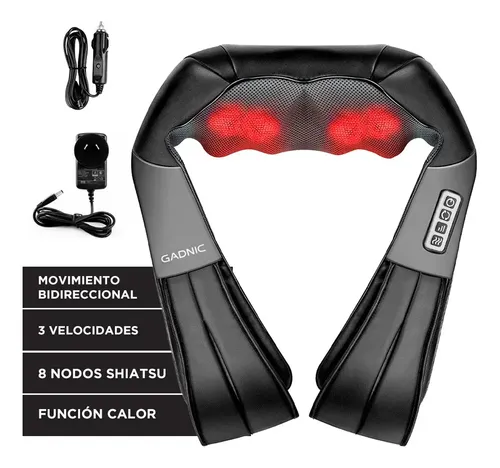 Masajeador Cervical Gadnic Ombu Eléctrico 8 Nodos Tecnología Shiatsu Función De Calor Infrarrojo Rotación Automática Control Integrado Ergonómico Portátil Adaptador Auto 12V Cuello Espalda Negro/Gris