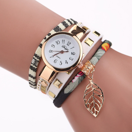 Reloj Brazalete Dije Hoja Oro Pulsera Moda Dama Mujer B114 Correa Blanco