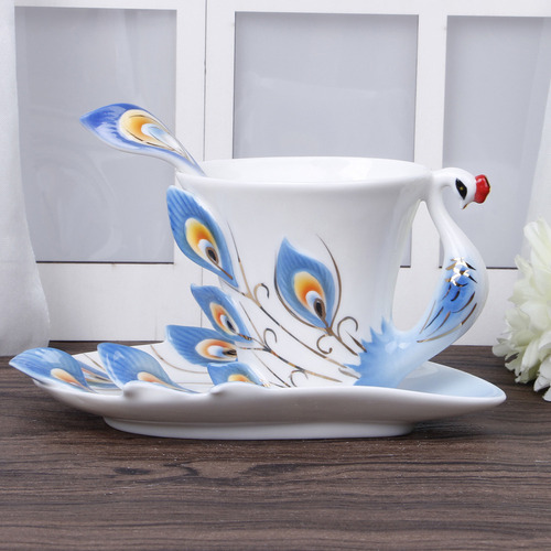 (gn) Taza De Porcelana Con Forma De Pavo Real, Juego De Café