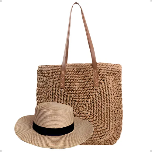 Bolsa Sacola Palha Feminina Grande Kit Moda Praia E Chapéu Cor Be...