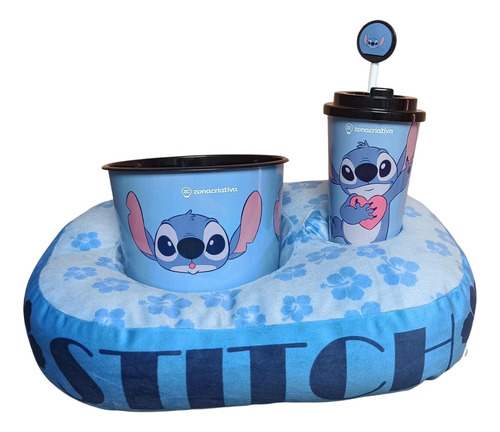 Almofada Porta Pipoca Acompanha Copo + Balde Pipoca Disney Cor Stitch