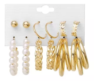 Aretes Set Arracadas Broquel Doradas Perla Para Mujer 12p