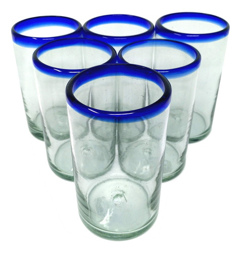 Vasos Mexicanos Soplados A Mano, Juego De 6 Vasos Con Bordes