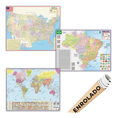 Kit Mapa Brasil Mundi Estados Unidos Eua Usa Geográfico Politico Escolar Poster Escolar