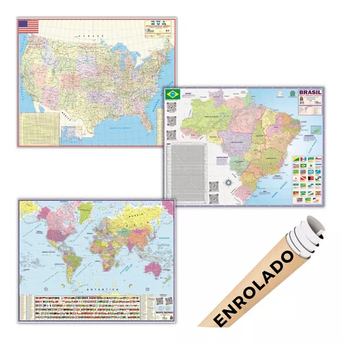 Kit Mapa Brasil Mundi Estados Unidos Eua Usa Geográfico Politico Escolar  Poster Escolar