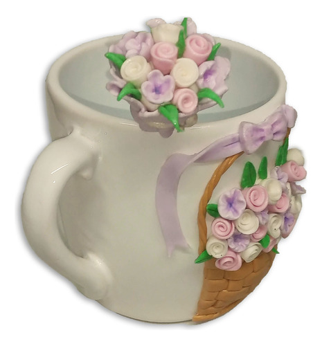 Taza De Ceramica C/flores En Porcelana+cuchara De Regalo