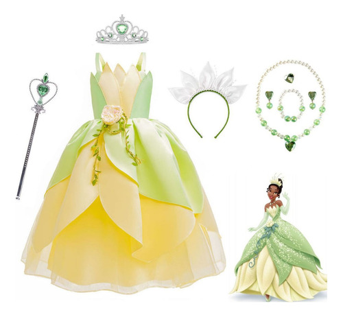 Vestido De Princesa Cosplay Tiana Con Accesorios Completos