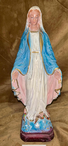 Virgen Milagrosa Muy Antigua En Yeso. 34cm Pintada A Mano