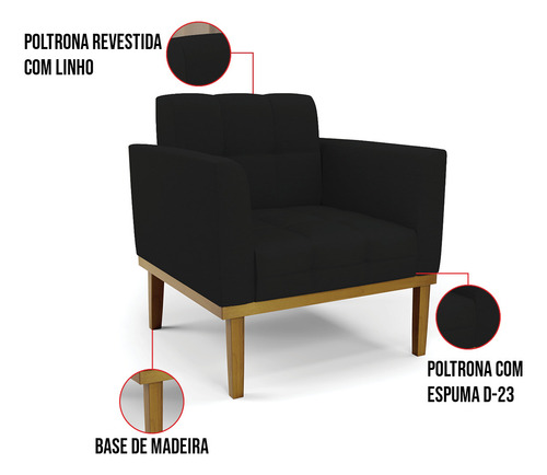 Poltrona Base De Madeira Fixa Castanho Elisa Linho D03 Cor A79 Preto