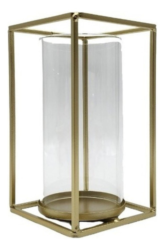 Candelabro Porta Vela Cubo Metálico Dorado Con Vidrio