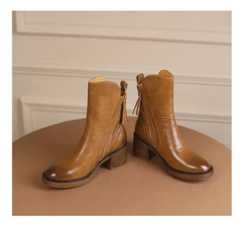 Botas Curtas Marrons Botas Couro Britânicas Com Salto Grosso