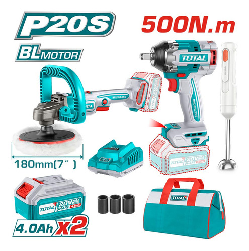 Llave Impacto 500nm + Pulidora + Minipimer 20v + 2 Bat 4ah