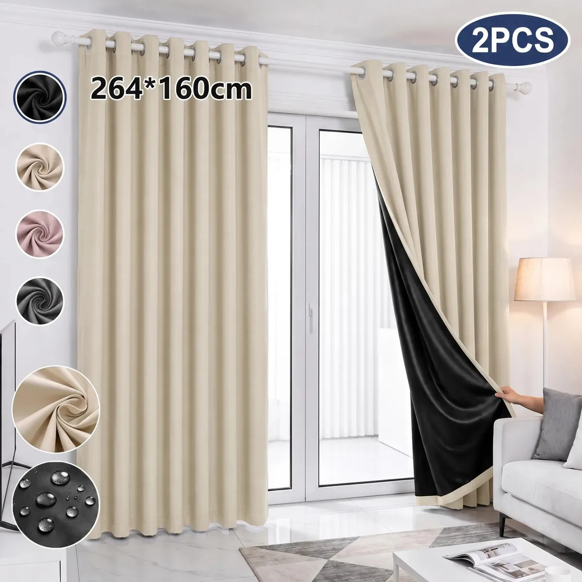 Juego De 2 Paneles Cortinas Blackout Ururi 264x160cm Térmicas Opacas Bloqueo De Luz Anti Ruido Impermeable Para Recámara Y Sala Decoración Beige Mayoreo