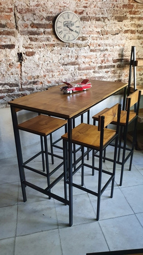 Imagen 7 de 8 de Mesa Barra Apoyo 120x60 + 4 Taburetes Respaldo Industrial