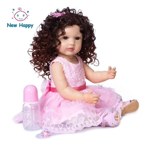 Bebê Reborn Corpo De Silicone Cabelo Cacheado New Happy