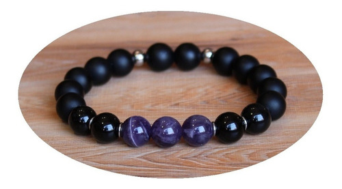 Pulsera Obsidiana Negra - Amatista Violeta - Ónix Negro Mate