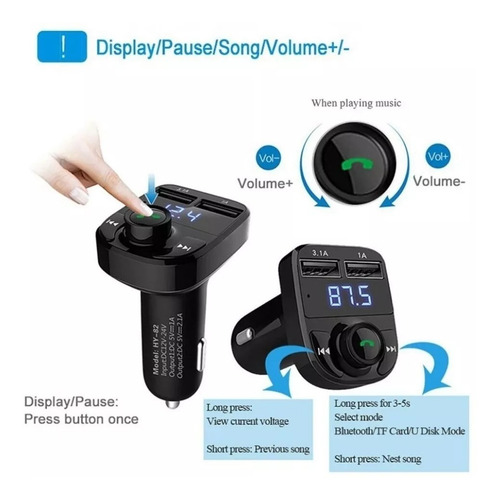 Imagen 6 de 9 de Bluetooth Transmisor Fm Auto Manos Libres Cargador 2 Usb