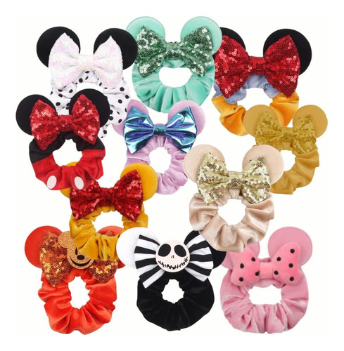 Set 10 Donas Ligas Cabello Moño Personajes Scrunchies Brilla