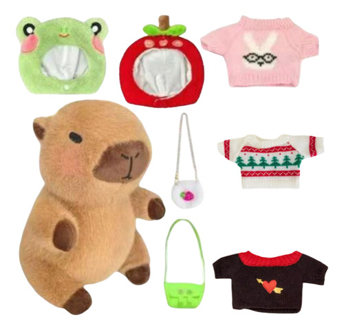 Peluche Capibara Con 8 Piezas De Ropa Y Accesorios,25 Cm Chocolate