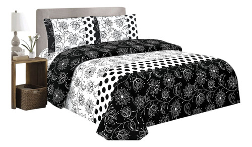 Juego De Sabanas Para Cama Queen Size Blanco/negro Floreado