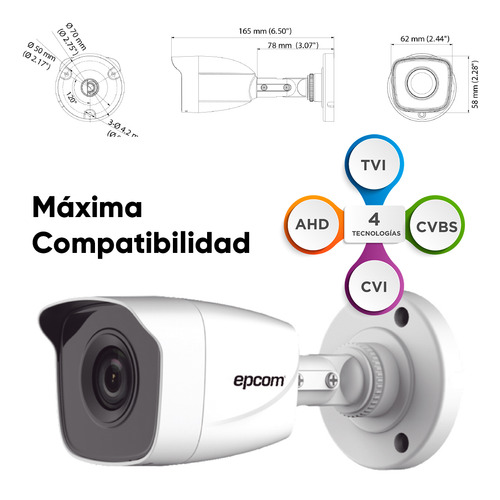 Epcom Cámara Metalica de seguridad B8-TURBO-G2W 2.8mm Turbo HD con resolución de 2MP Gran Angular 103° IR Inteligente Para Vision Nocturna Ideal Para Uso Exterior